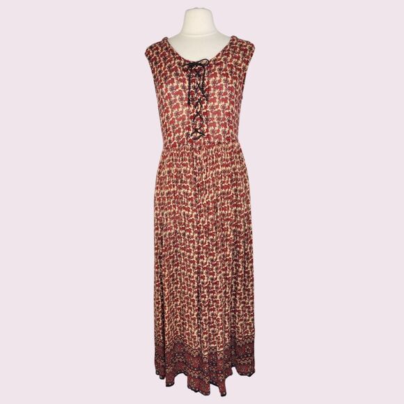Vintage Floral Micro Pleated Dress Sz M Lace Up Cottage Broomstick Boho Prairie